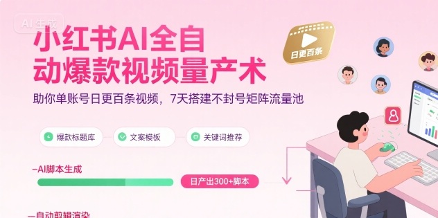 小红书AI全自动爆款视频量产术，助你单账号日更百条视频，7天搭建不封号矩阵流量池